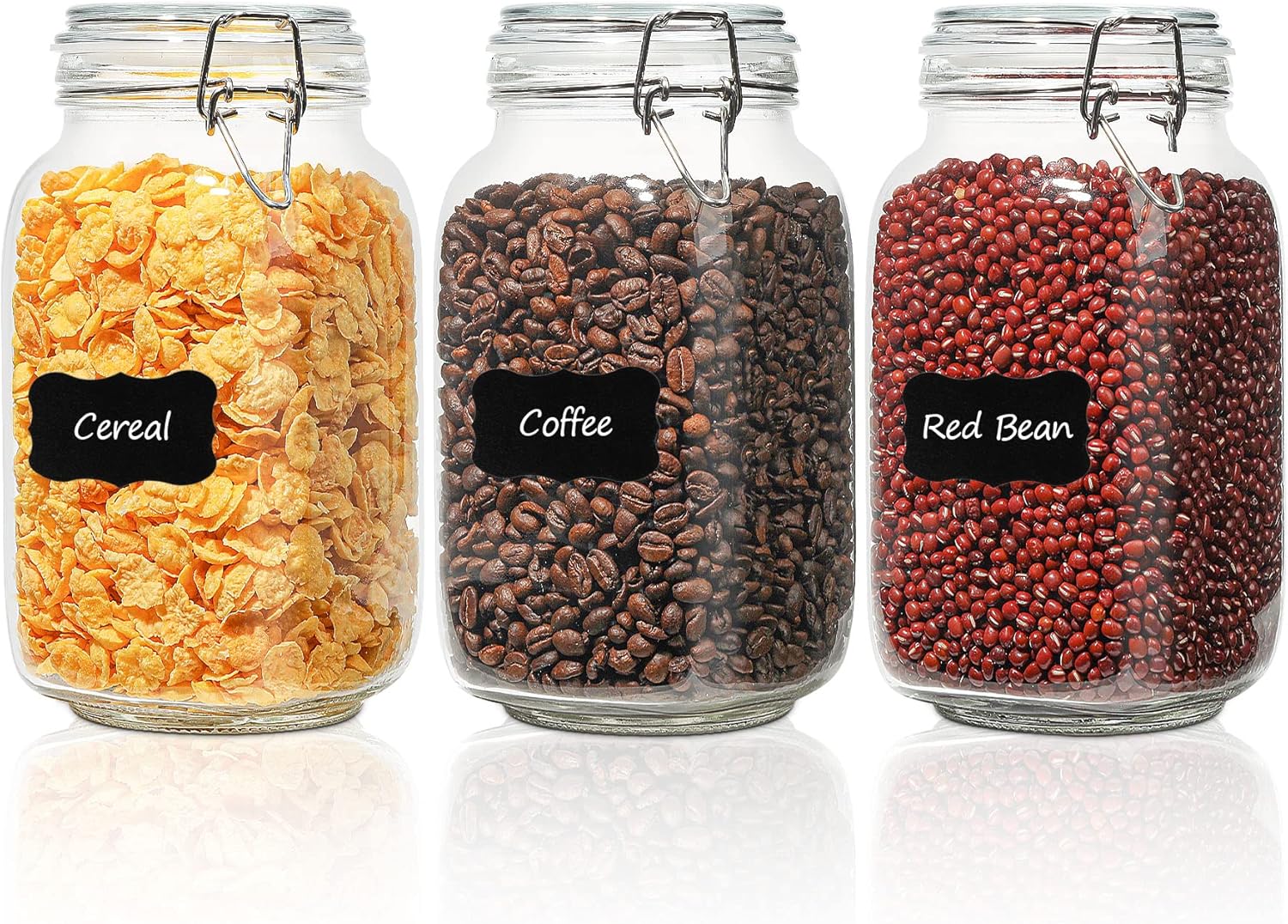 ComSaf Airtight Glass Canister Set of 3 with Lids 51oz Clear Food Storage Jars Square, Kitchen & Pantry Organization Food Storage Container for Canning, Sugar, Flour, Pasta, Candy, Cereal, Coffee