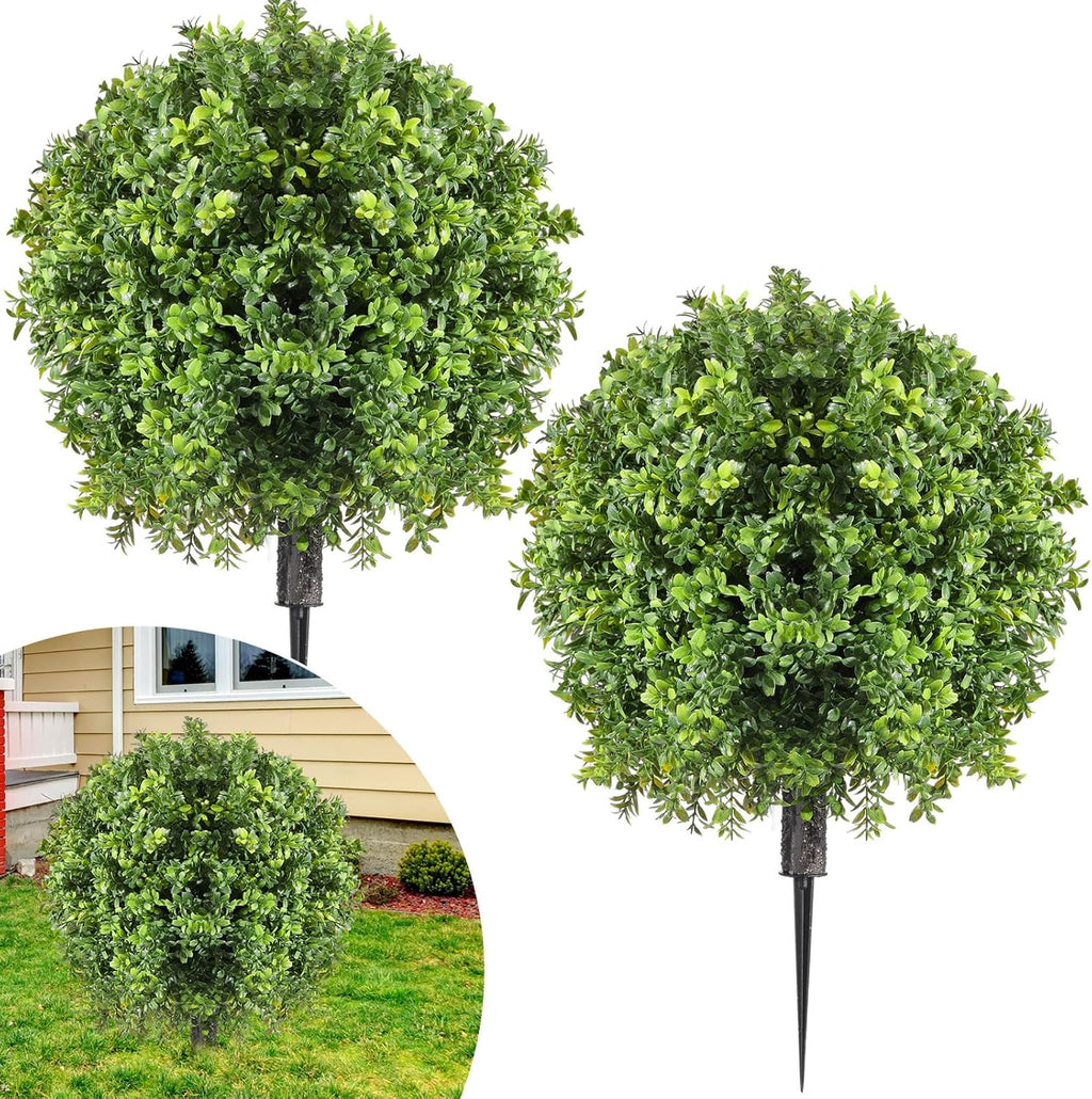 2 Pcs Artificial Boxwood Topiary Ball Bush 26" Tree UV Resistant with Spike Easy to Push in The Ground Fake Boxwood Plants Faux Greenery Shrubs for Indoor Outdoor Home Garden (Light Green)