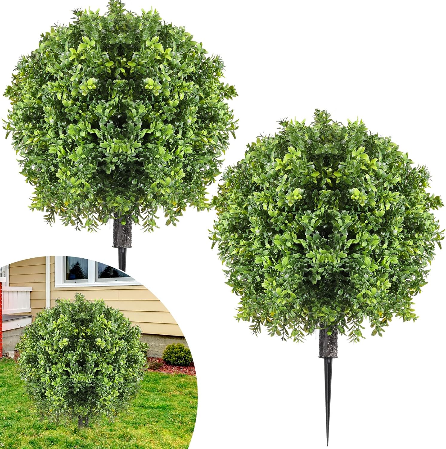 2 Pcs Artificial Boxwood Topiary Ball Bush 26" Tree UV Resistant with Spike Easy to Push in The Ground Fake Boxwood Plants Faux Greenery Shrubs for Indoor Outdoor Home Garden (Light Green)