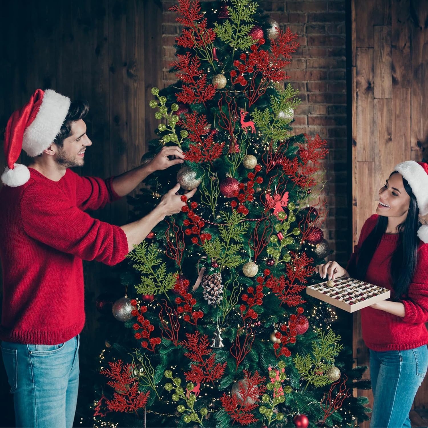 75 Pcs Christmas Glitter Branches 3 Styles Artificial Christmas Picks Berries Stems Pine Needles Floral Twig Spray for Xmas Tree Ornaments DIY Wreath Garland(Red, Green)