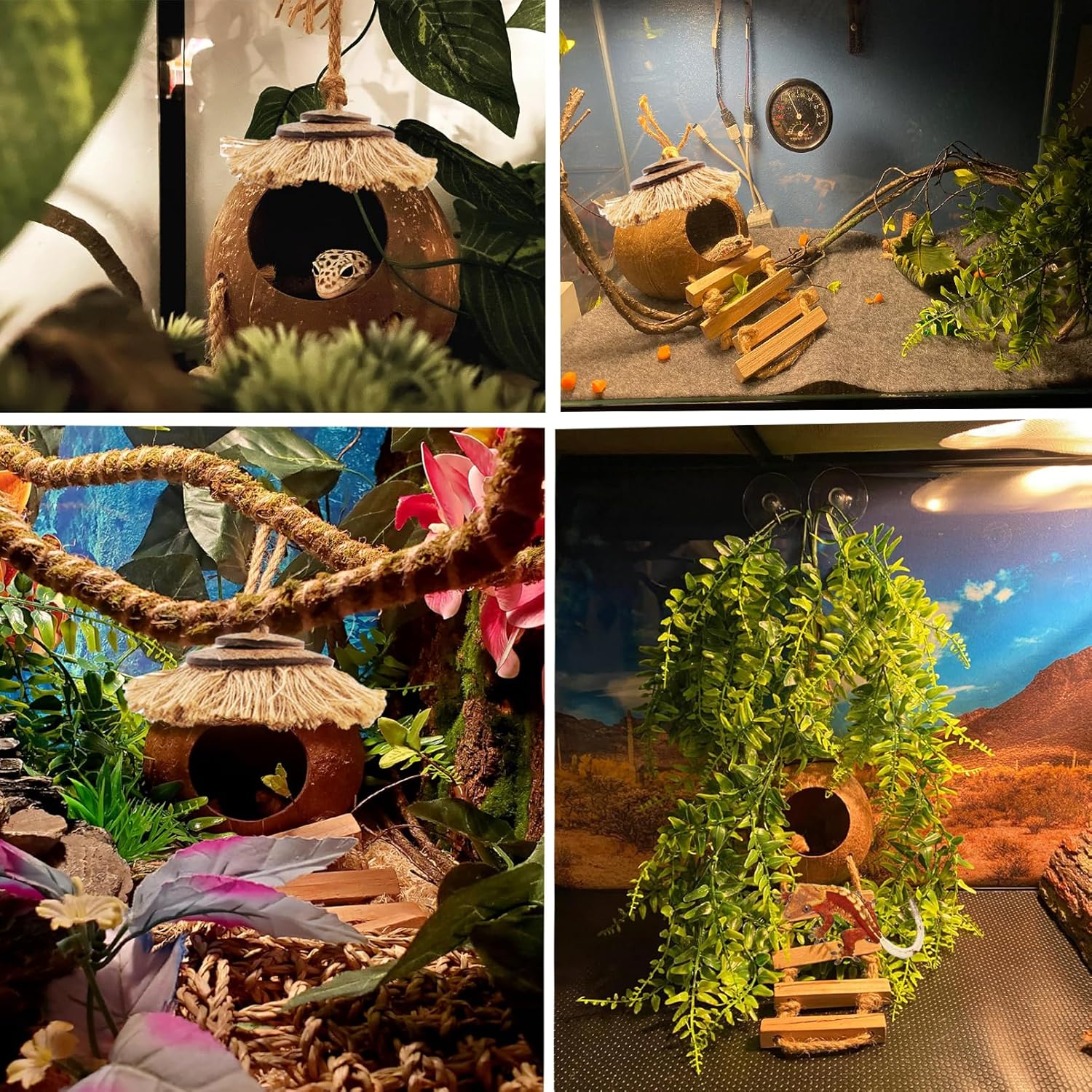 Crested Gecko Tank Accessories Coconut Hide with Ladder,Leopard Gecko Coconut Hut Hideout Hanging Lizard Seagrass Hammock Dragon Cage Lounger Jungle Vine Flexible Leaves Reptile Tank Decor