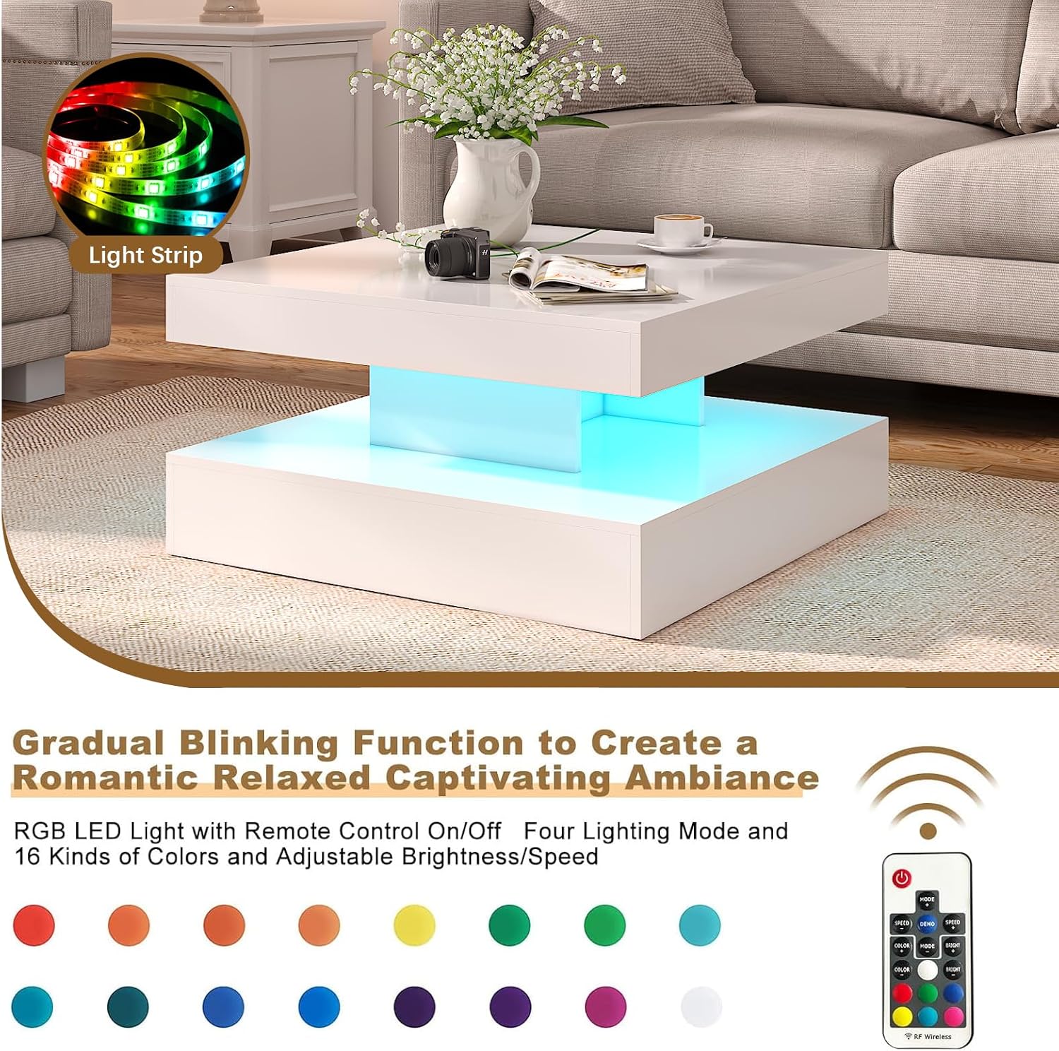 White LED Coffee Table for Living Room, 2-Tier Square Center Table Living Room Table, Modern High Glossy Contemporary Wood Coffee Tables with Storage, Suitable for Dining Reception