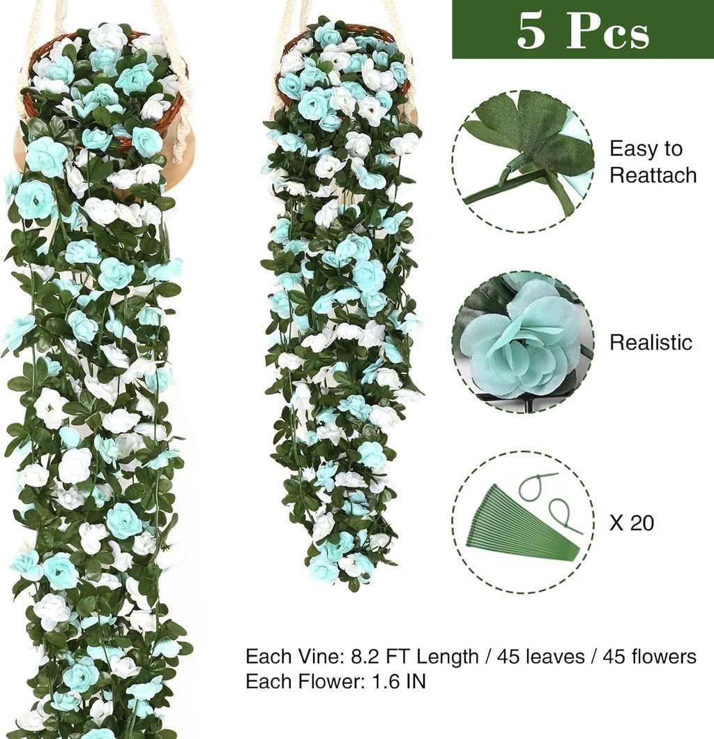 BLEUM CADE 5Pcs 41Ft Flower Garland Artificial Rose Vines for Bedroom, Cute Fake Hanging Flower Vines Floral Garland Decorations for Wedding Party Wall Room Decor Aesthetic