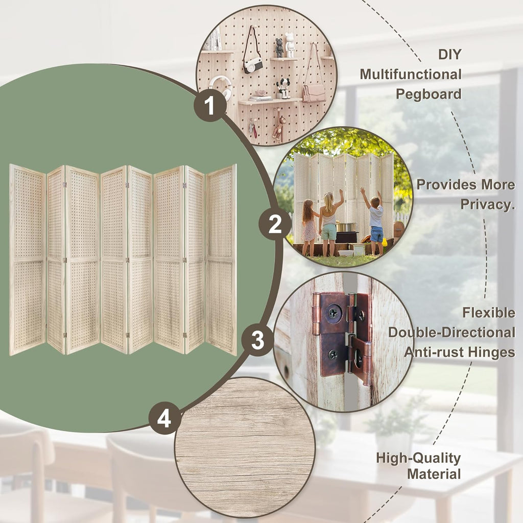 8 Panel Room Dividers 5.6FT Wall Divider with Freestanding Peg Board Display Wooden Folding Privacy Screen Foldable Partition Wall for Studio Apartment, Living Room, Natural Wood