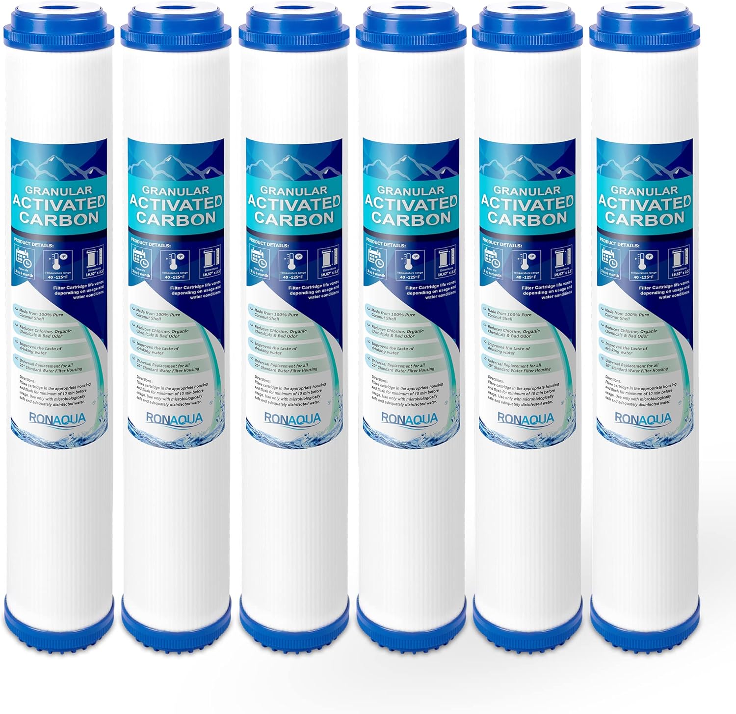 Standard Whole House Coconut Shell Granular Activated Carbon Water Filter 20” x 2.5” Fits 20” x 2.5” Housings. Remove Chlorine and Bad Odor. Compatible with EP-20, HX-CB-25-2010, F3WCB32 Pack of 6