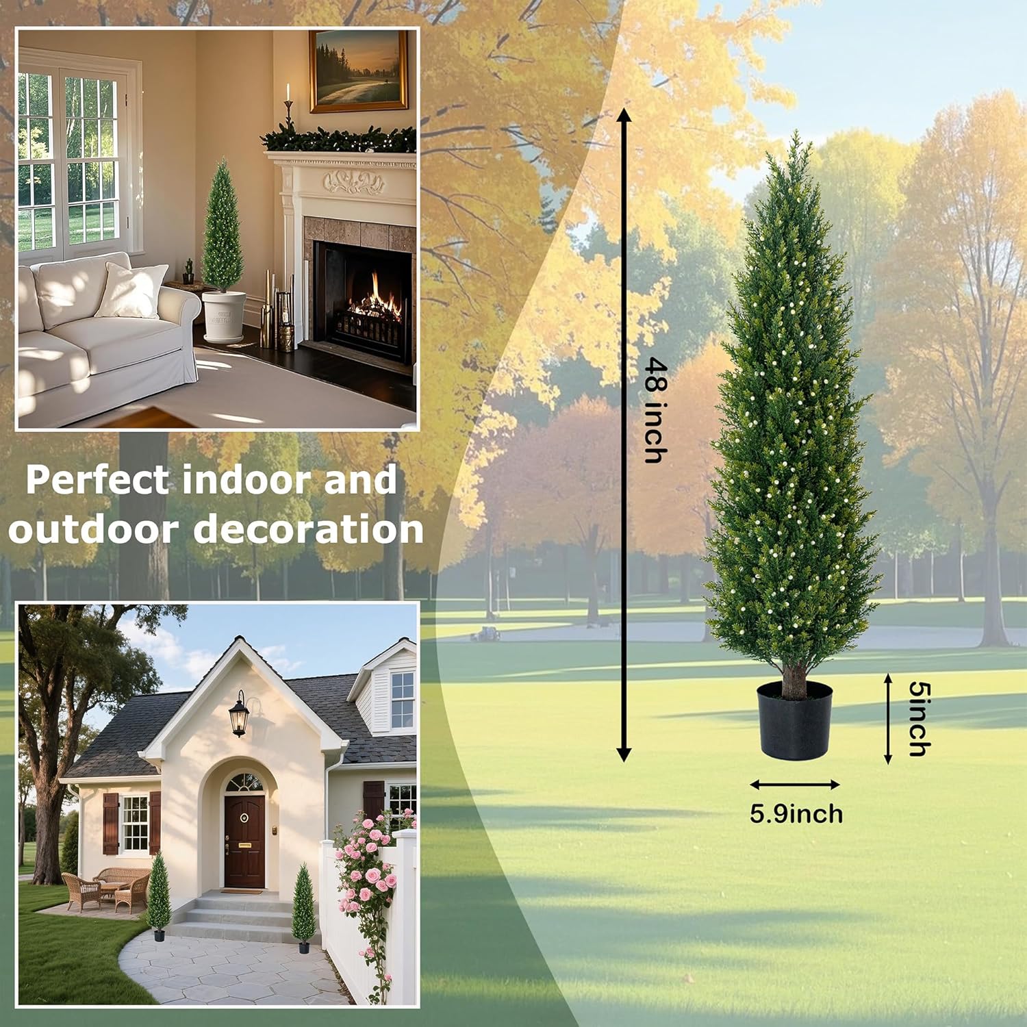 4FT Artificial Cedar Topiary Trees Set of 2 Faux Pine Trees White Berries Fake Shrubs UV Resistant Potted Plant Artificial Plants for Front Porch Garden Indoor Outdoor