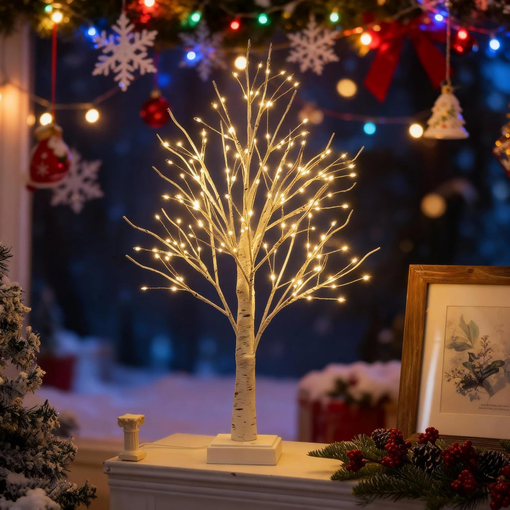 Lighted Trees for Indoor Decor, 24”2FT White Birch Tree with 144 LED Lights, Lighted up Tree Lamp USB/Battery Powered Timer, Artificial Trees for Table Home Christmas Decor (2)