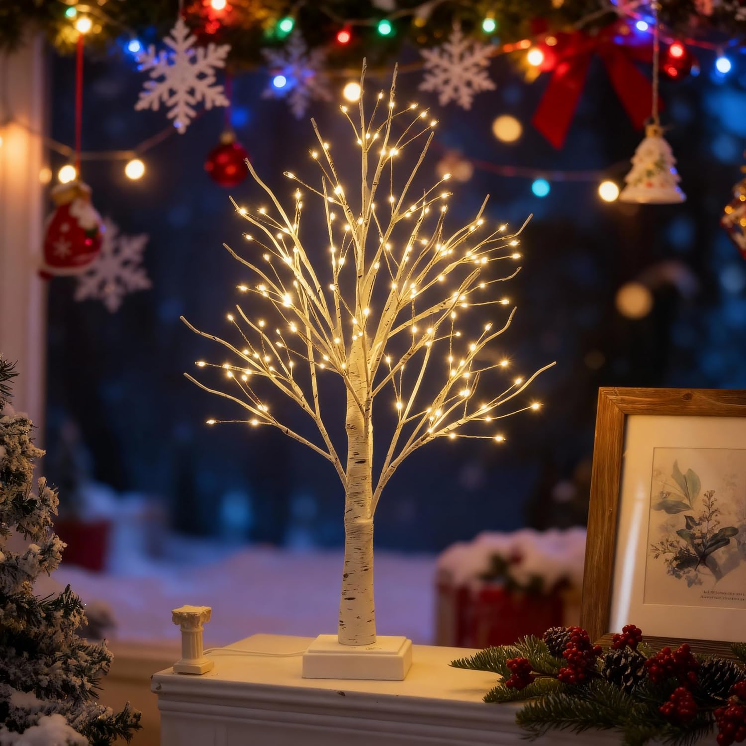 Lighted Trees for Indoor Decor, 24”2FT White Birch Tree with 144 LED Lights, Lighted up Tree Lamp USB/Battery Powered Timer, Artificial Trees for Table Home Christmas Decor (2)