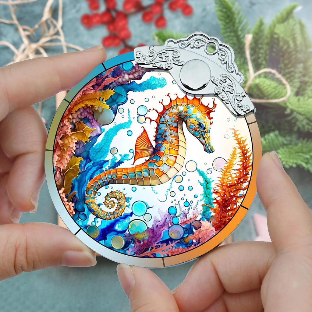 Stained Glass Christmas Ornament, Jocidea Seahorse Christmas Decorations, Christmas Tree Ornament, Seahorse Lovers Gifts, Holiday Decor and Xmas Gifts Ideas