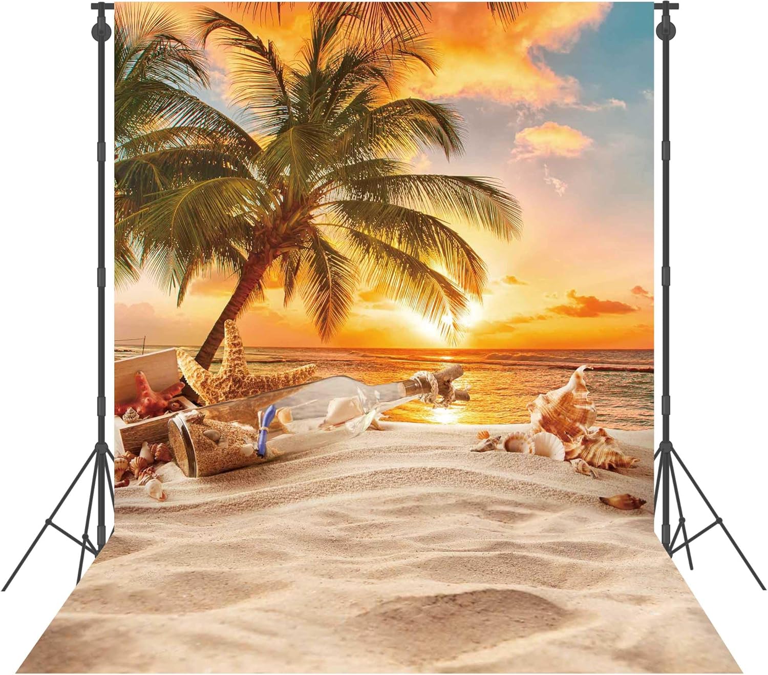 6X8ft Polyester Summer Beach Seaside Sunset Backdrop Tropical Hawaiian Ocean Palm Tree Photography Background for Aloha Luau Party Decoration Supplies Banner Photo Booth Props