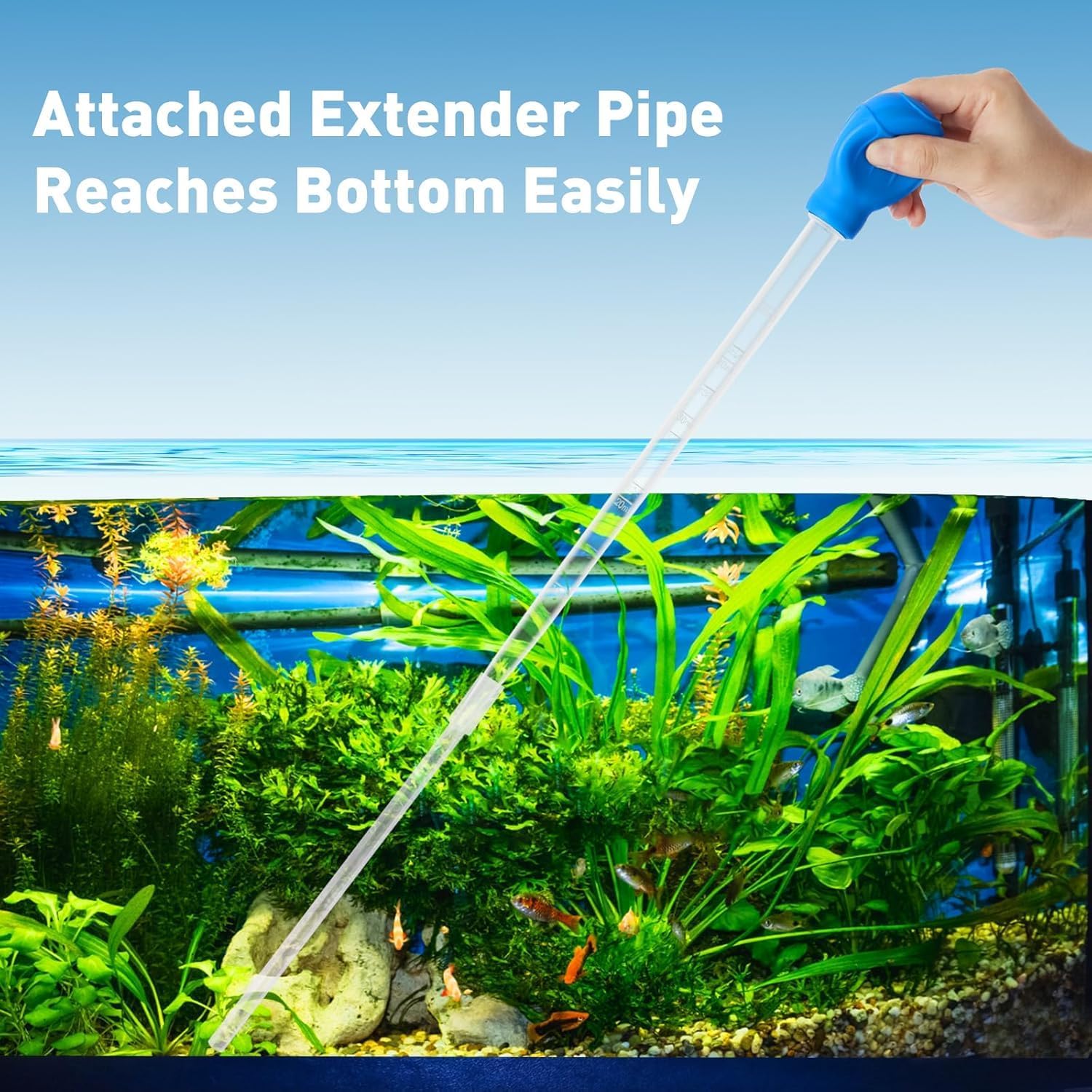 27.7IN Extra Long Turkey Baster for Aquarium, 50ml Aquarium Water Changer Siphon for Fish Tank Cleaning, Waste Remover for Aquarium, Blue