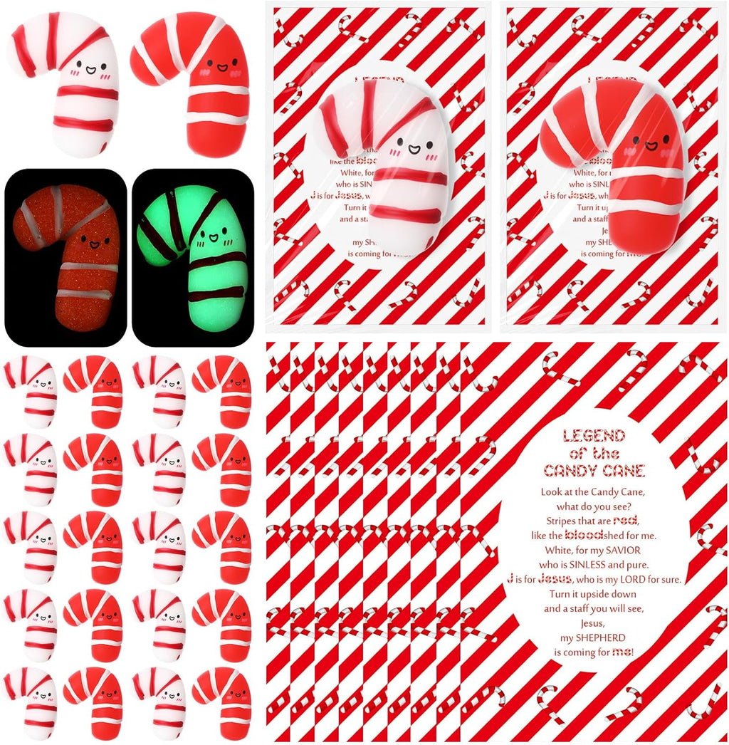 Wettarn 30 Sets Emotional Luminous Candy Cane Stress Ball Gifts Bulk Office Christmas Appreciation Gift Cute Candy Cane Squeeze Mini Stress Relief Ball Inspirational Cards for Coworker Staff Teacher