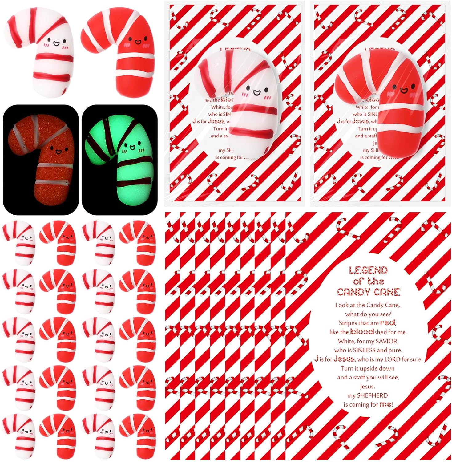 Wettarn 30 Sets Emotional Luminous Candy Cane Stress Ball Gifts Bulk Office Christmas Appreciation Gift Cute Candy Cane Squeeze Mini Stress Relief Ball Inspirational Cards for Coworker Staff Teacher