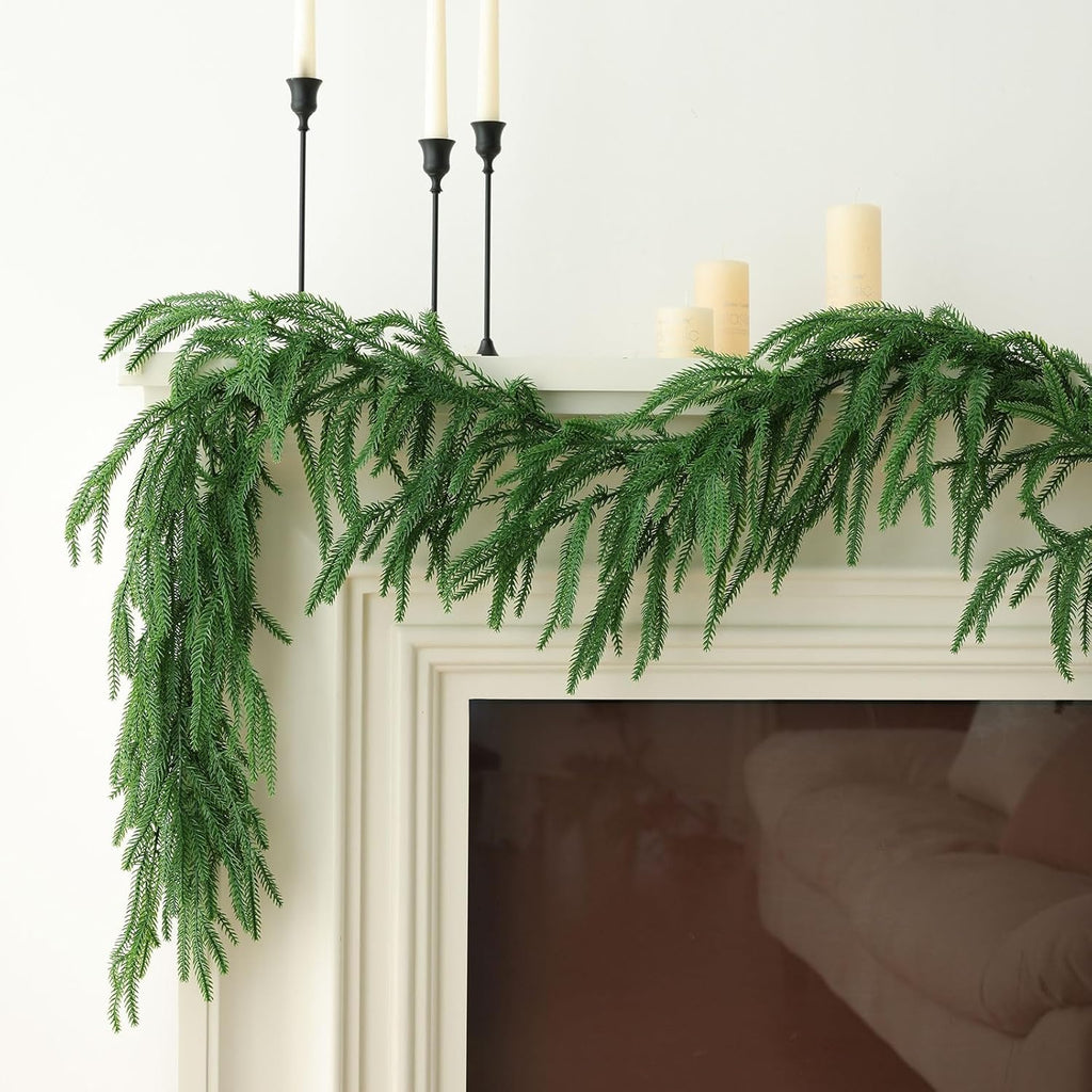 MIZII Christmas Garlands 9FT Artificial Norfolk Pine Garland Real Touch Faux Norfolk Pine Greenery Garland Christmas Decoration for Xmas Fireplace Mantle Home Decor Indoor Outdoor (Norfolk 9FT)