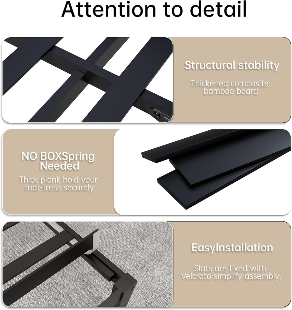 14 Inch Bamboo Bed Frame – Solid Wood Platform Bed Frame, Strong and Stable, with Non-Slip Slats for Support, No Box Spring Needed, Easy to Assemble, Noise-Free (Black with Headboard, Twin)