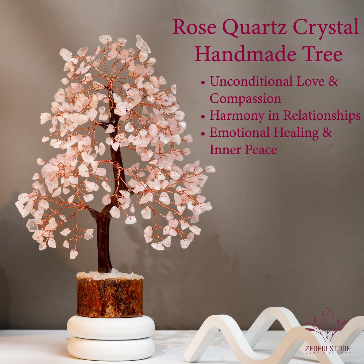 ZENFULSTONE Rose Quartz Crystal Tree of Life for Love & Healing Décor for Home and Office | Handmade Bonsai for Emotional Support & Harmony as Symbol of Piece for Loved Ones