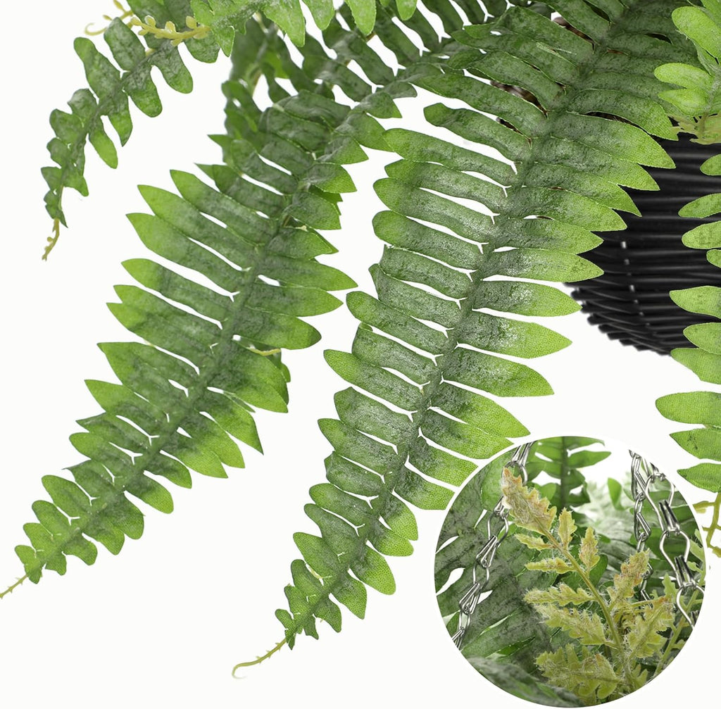 Artificial Fern Hanging Basket Plant 25" Boston Ferns 31 Leaves Greenery Plants with Rattan Pot for Outdoors & Indoor Fake Fern Bush Plant in Pot for Patio Entrance Porch Garden Decor Dusty Green