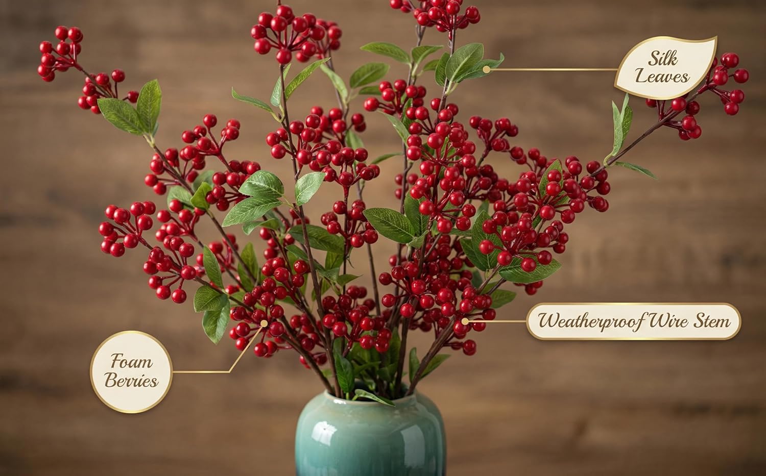 5 Pcs Artificial Holly Berries 30.7" - Christmas Tree Decorations, Realistic Red Berry Stems for Wreaths & Holiday Centerpiece