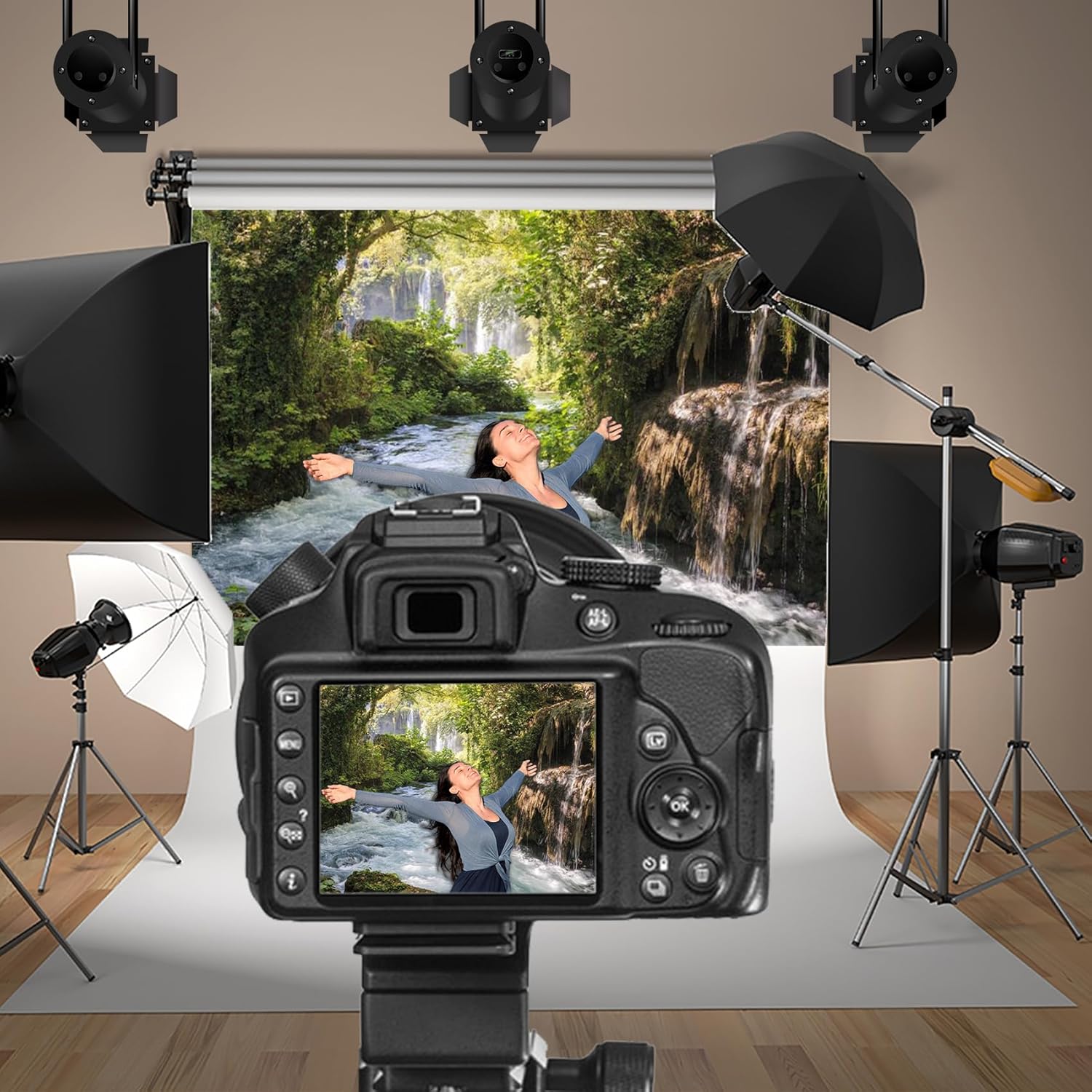 Baocicco 10x7ft Vinyl Green Forest Backdrops for Photography Background Mountain and Water Landscape Beautiful Waterfall and River Ancient Tree Outdoor Explore Holiday Backdrop Photo Studio