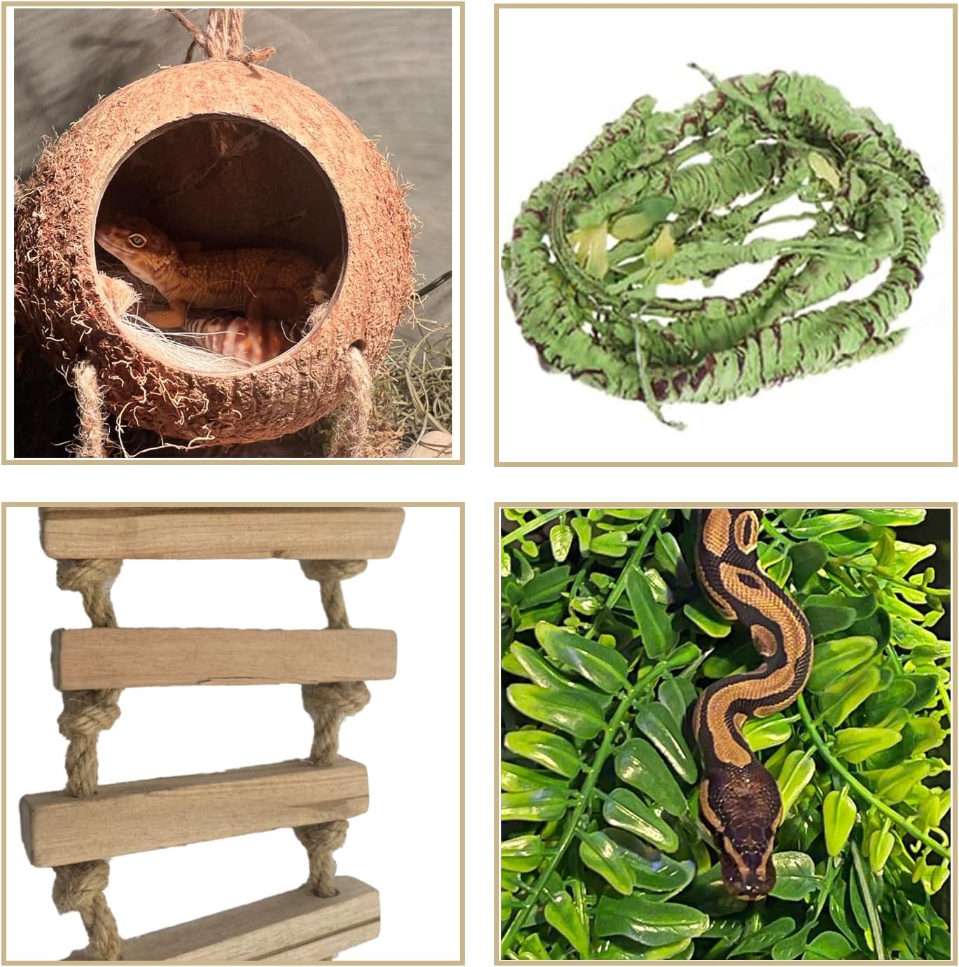Crested Gecko Coconut Hide with Ladder,Reptile Natural Coco Shell Ladders Geckos Hideout Hut Lizards Hermit Habitat Leopard Gecko Terrarium Plant Accessories for Chameleon Snakes