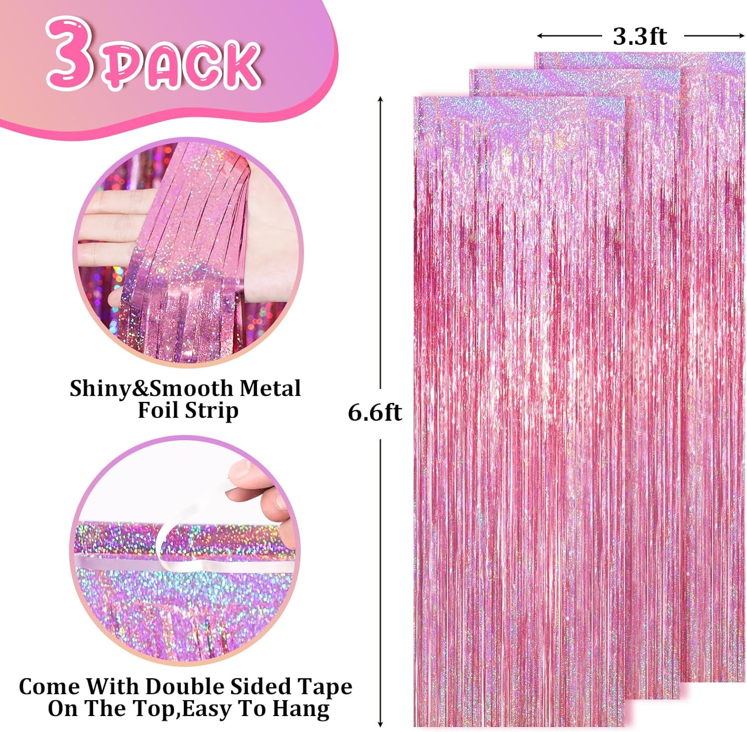 2 Pack Laser Pink Tinsel Foil Fringe Curtains, Mothers Day Pink Decorations, Metallic Tinsel Party Streamers Backdrop for Birthday Bachelorette Graduation Wedding Party Decorations