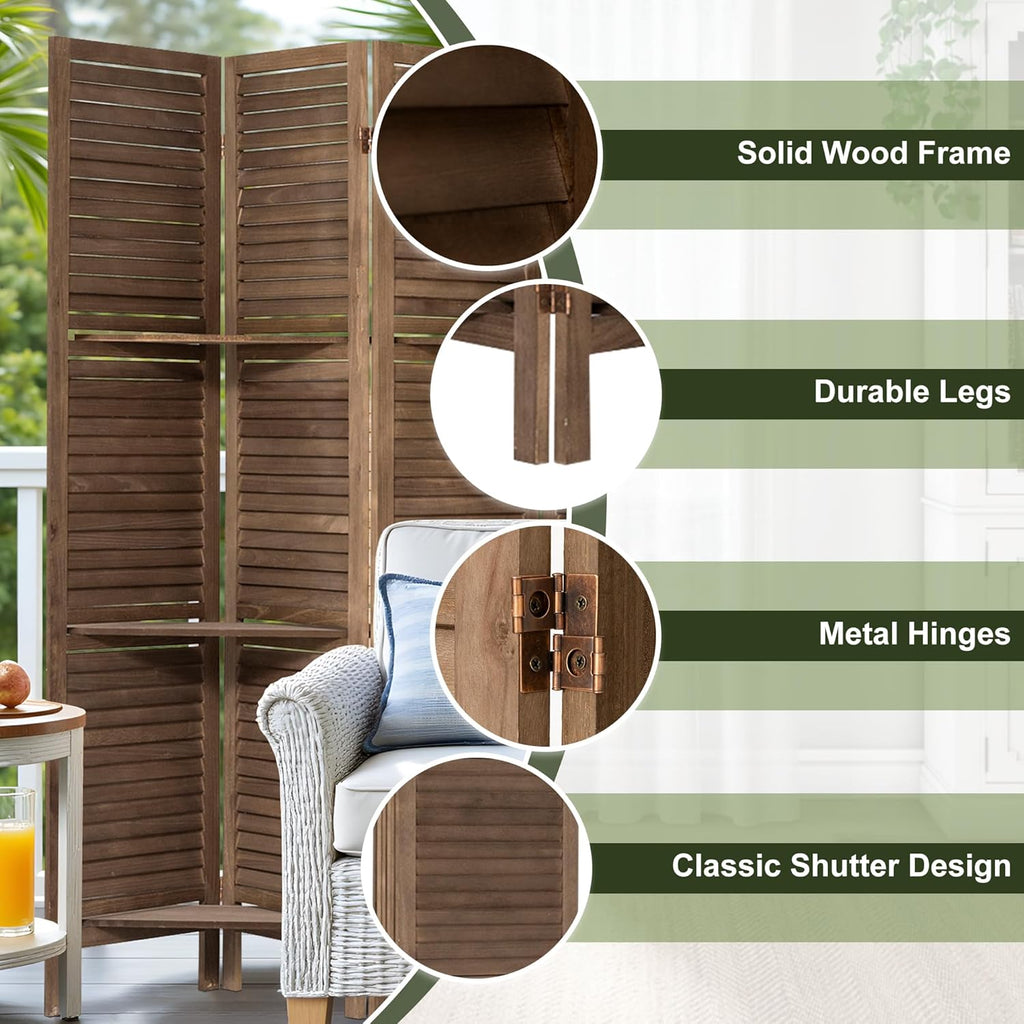 NicBex 6 Panel Room Divider,5.6FT Wood Carved Room Dividers with Display Shelves Folding Privacy Screens Portable Freestanding Partition Wall Dividers for Room Separation, Bedroom Office,Dark Brown