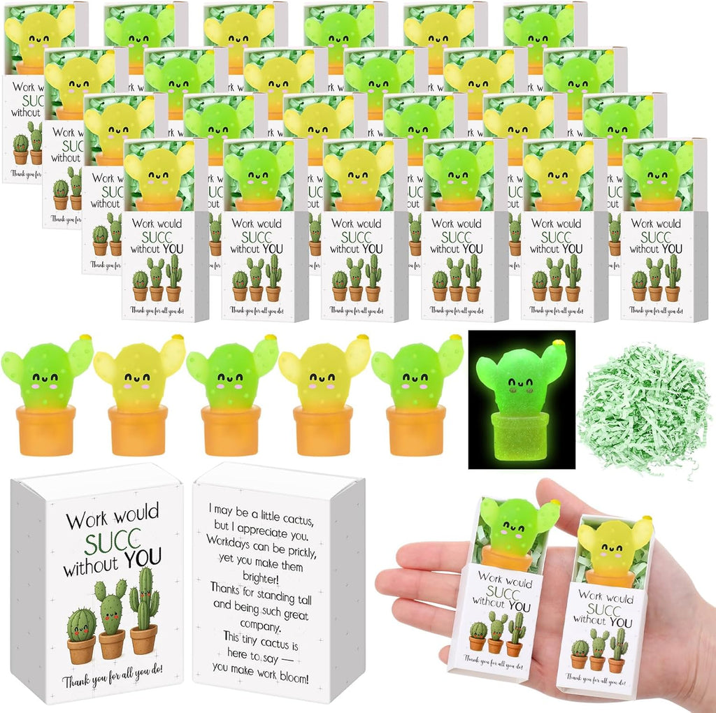 Wettarn 20 Sets Employee Appreciation Gifts Cactus Stress Balls with Gift Boxes Bulk Thank You Party Favors for Employee Coworker Staff Office Positive Relief Toys Desk Decor, Luminous