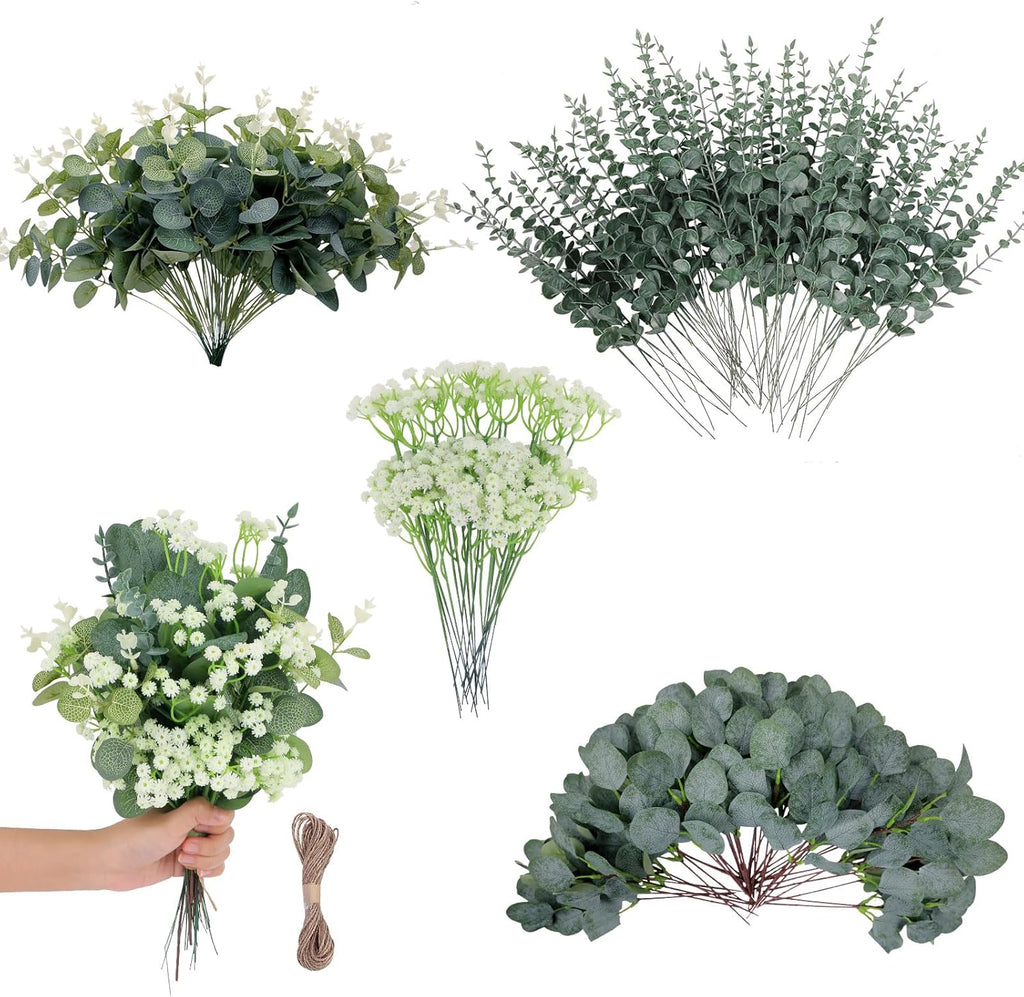 200 Pcs 4 Kinds Artificial Eucalyptus Stems, Mixed Faux Greenery Stems Fake Silver Dollar Eucalyptus Leaves Stems Bulk Babys Breath for DIY Bouquet Centerpieces……