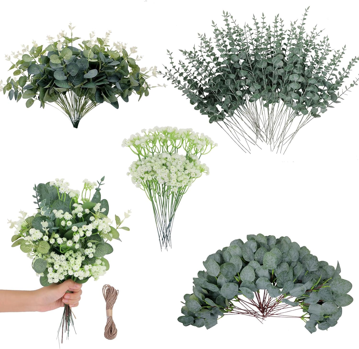 200 Pcs 4 Kinds Artificial Eucalyptus Stems, Mixed Faux Greenery Stems Fake Silver Dollar Eucalyptus Leaves Stems Bulk Babys Breath for DIY Bouquet Centerpieces……