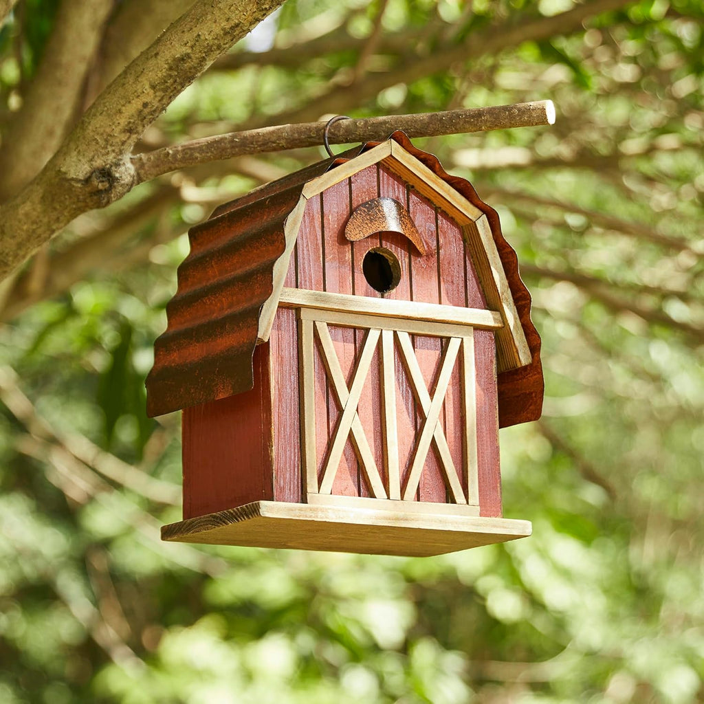 Glitzhome 10.25" H Hanging Birdhouse Washed Red Distressed Solid Wood Barn Decorative Outdoor Garden Bird House