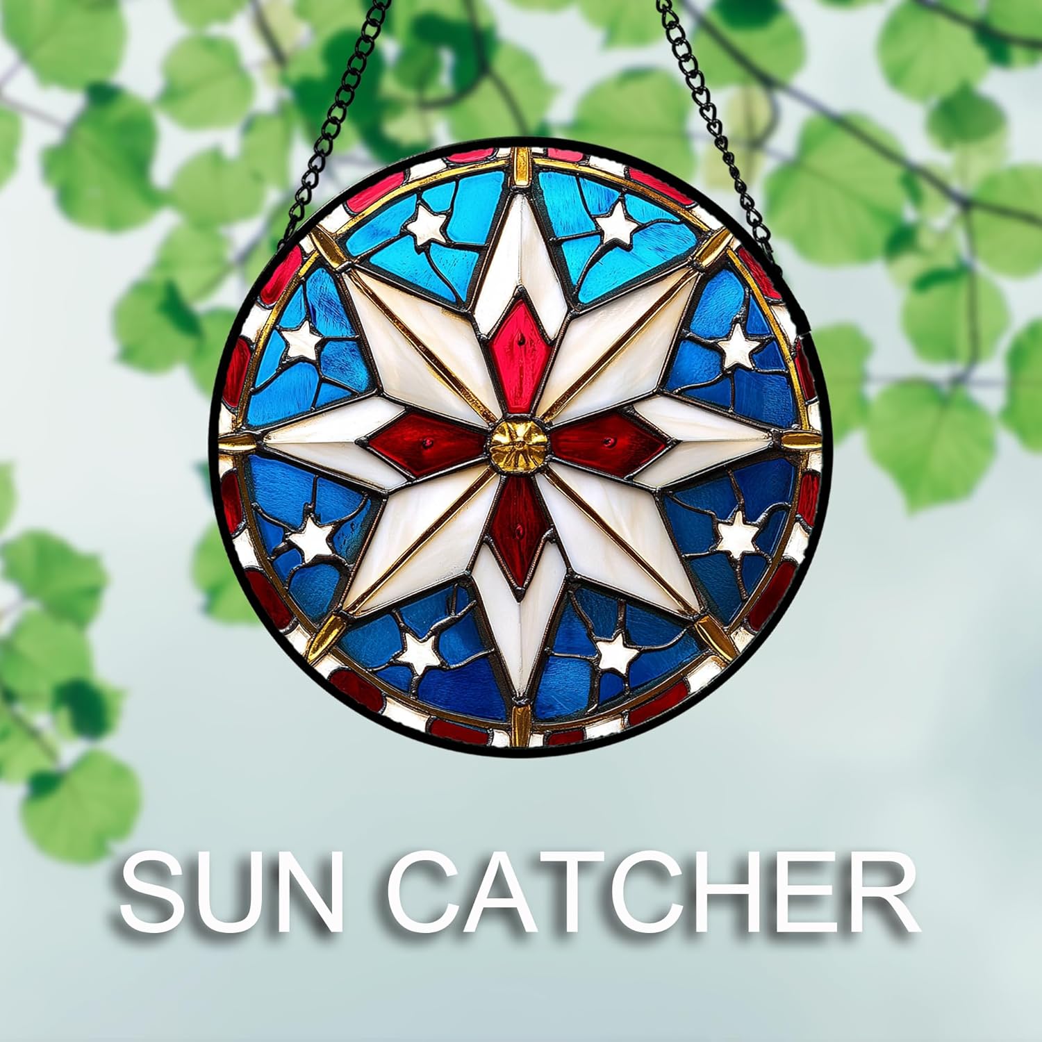 Stained Glass Window Hanging 4 Pcs Set Abstract Flowers in Red White Blue 7.8" - Suncatcher Door Garden Sun Catcher Decor Birthday Mother's Day Xmas Gift for Mom Woman Nana Men Parents