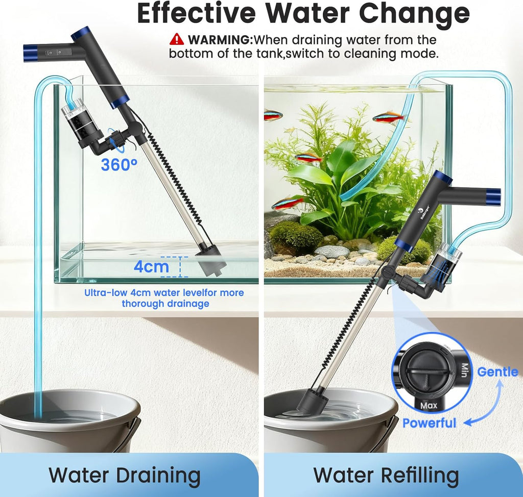 fishkeeper Electric Fish Tank Cleaner – 8W Rechargeable Aquarium Cleaning Tools with Gravel Vacuum, 213GPH Automatic Water Changer with Debris Cleaning & Sand Washing for Freshwater Saltwater Tanks