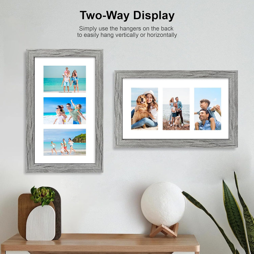 8x14 Picture Frame Set of 2, Rustic Grey Wood Frame with Glass Collage Frame, Display Pictures 3-4x6 With Mat or 8 x 14 Without Mat - Horizontal or Vertical Wall Mounting