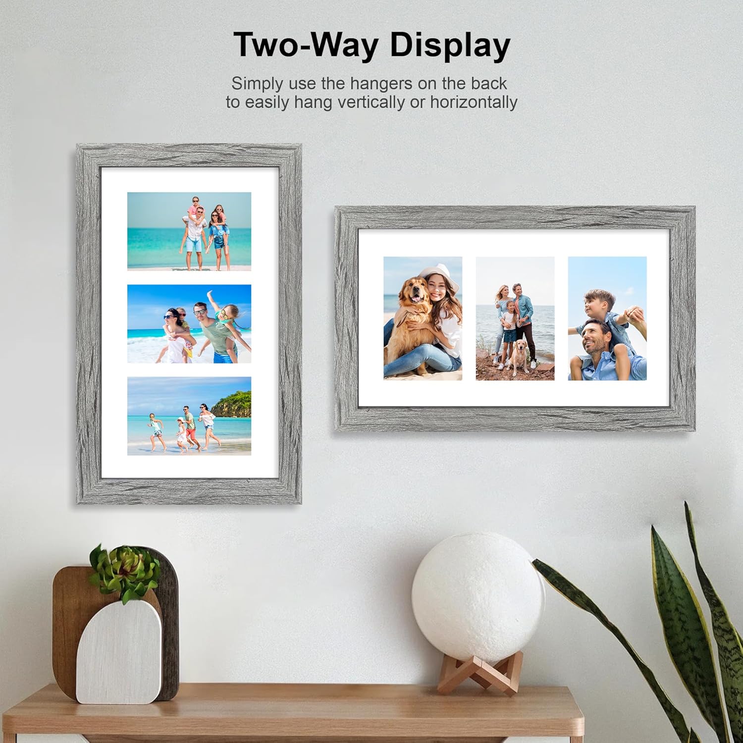 8x14 Picture Frame Set of 2, Rustic Grey Wood Frame with Glass Collage Frame, Display Pictures 3-4x6 With Mat or 8 x 14 Without Mat - Horizontal or Vertical Wall Mounting