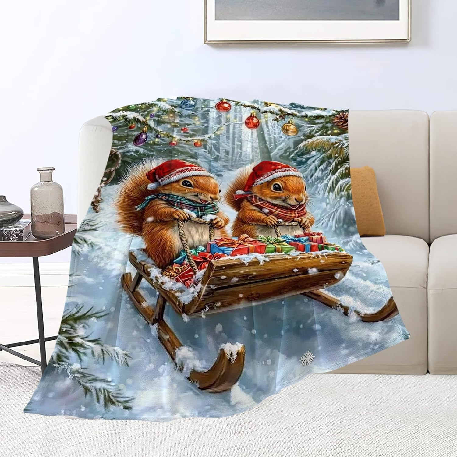 Christmas Squirrel Blanket Cute Animal Throw Blankets Gifts for Girls Boys Kids Squirrel Lover Soft Cozy Fleece Plush for Couch Sofa Bed 80"x60"