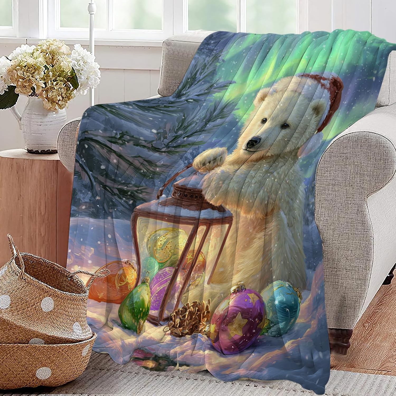 Christmas Polar Bear Blanket Winter Aurora Night Animal Throw Blankets Gifts for Girls Boys Kids White Bear Lover Soft Cozy Fleece Plush for Couch Sofa Bed 60"x50"