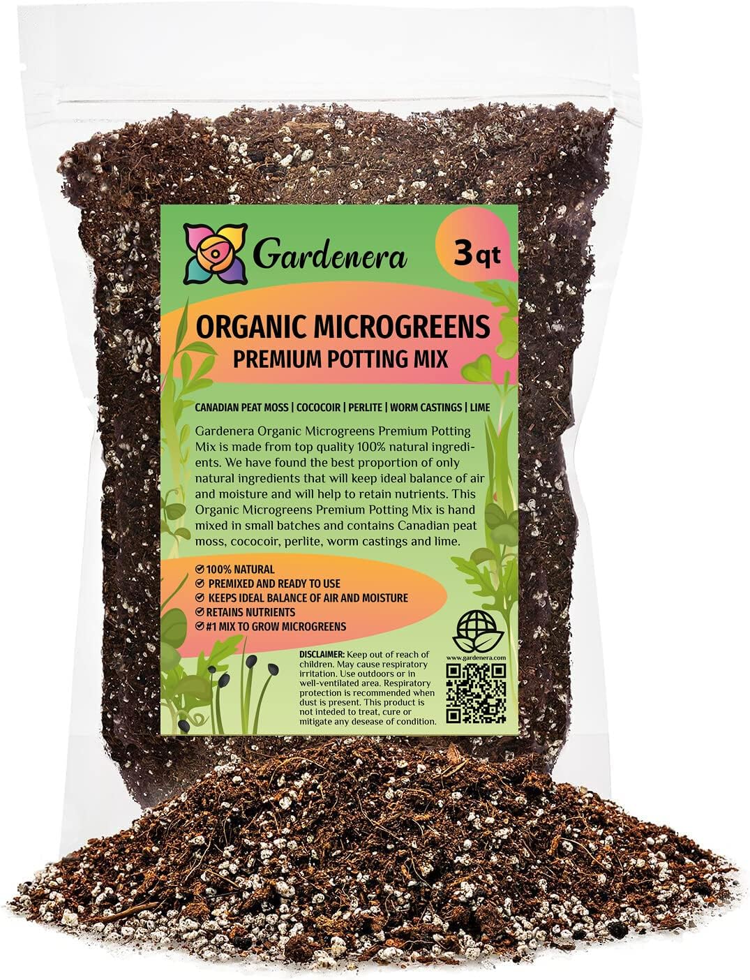 Gardenera Premium Organic Microgreens Potting Mix: Canadian Peat Moss, Cococoir, Perlite, and More - 3 Quart