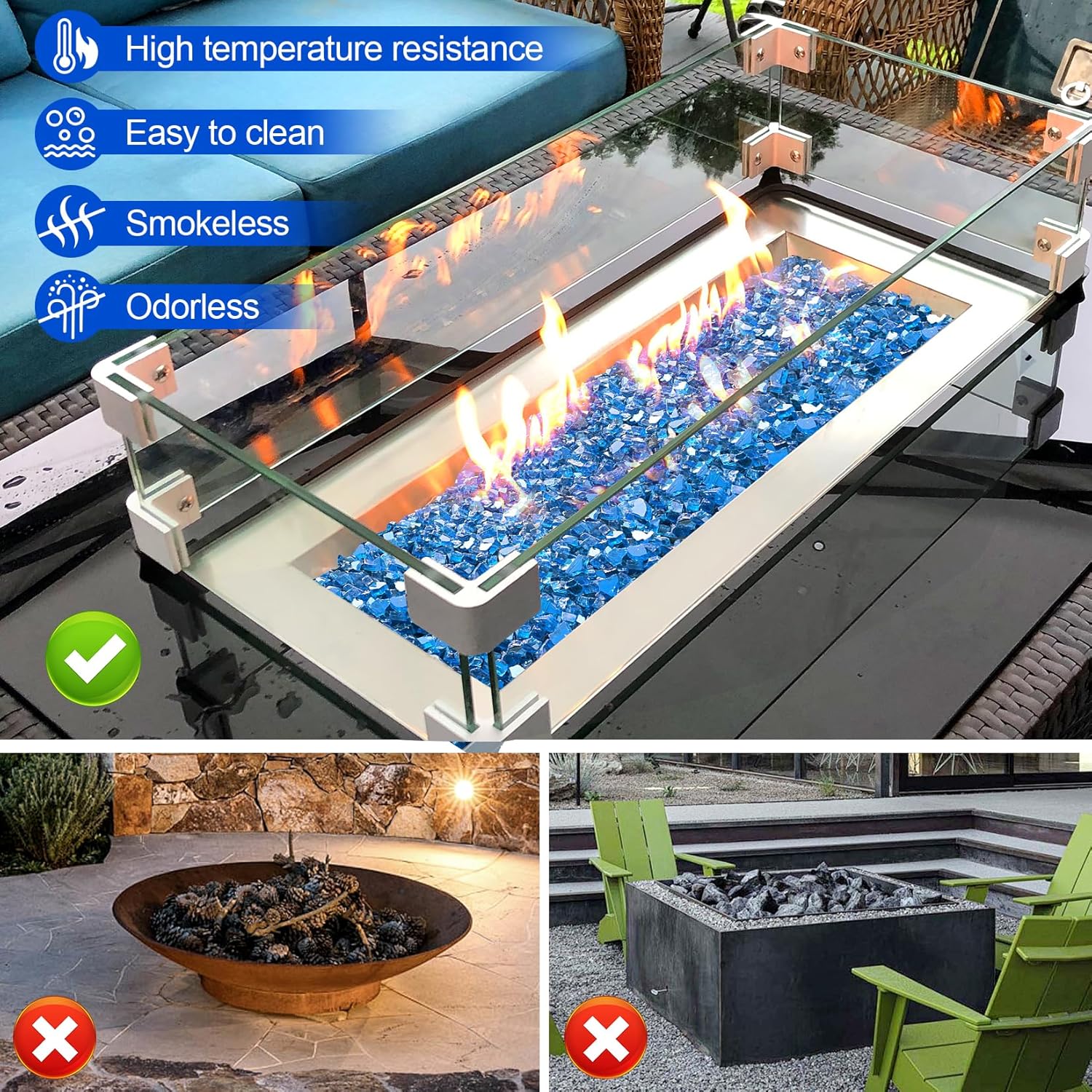 GasSaf 1/2 Inch Fire Glass Reflective Tempered Fireglass Cut Crushed FireGlass for Fire Pit, Fireplace, Replaces Existing Gas Logs & Lava Rocks (20 Pound)(Pacific Blue Reflective)
