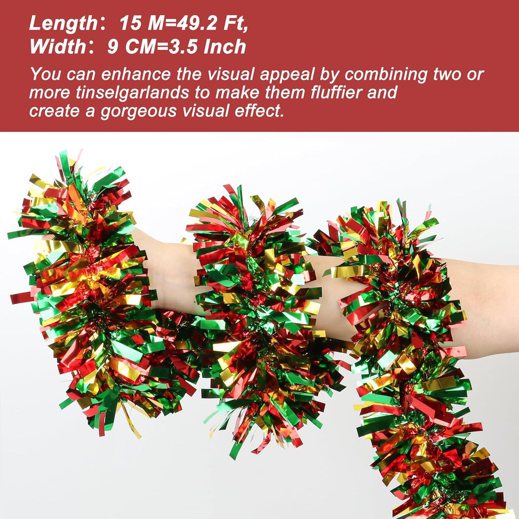 50 Feet Green Red Gold Christmas Tinsel Garland Metallic Twist Shiny Hanging Garland for Christmas Tree Decorations Xmas Holiday Decor for Home Indoor Outdoor Party Supplies (Green Red Gold)