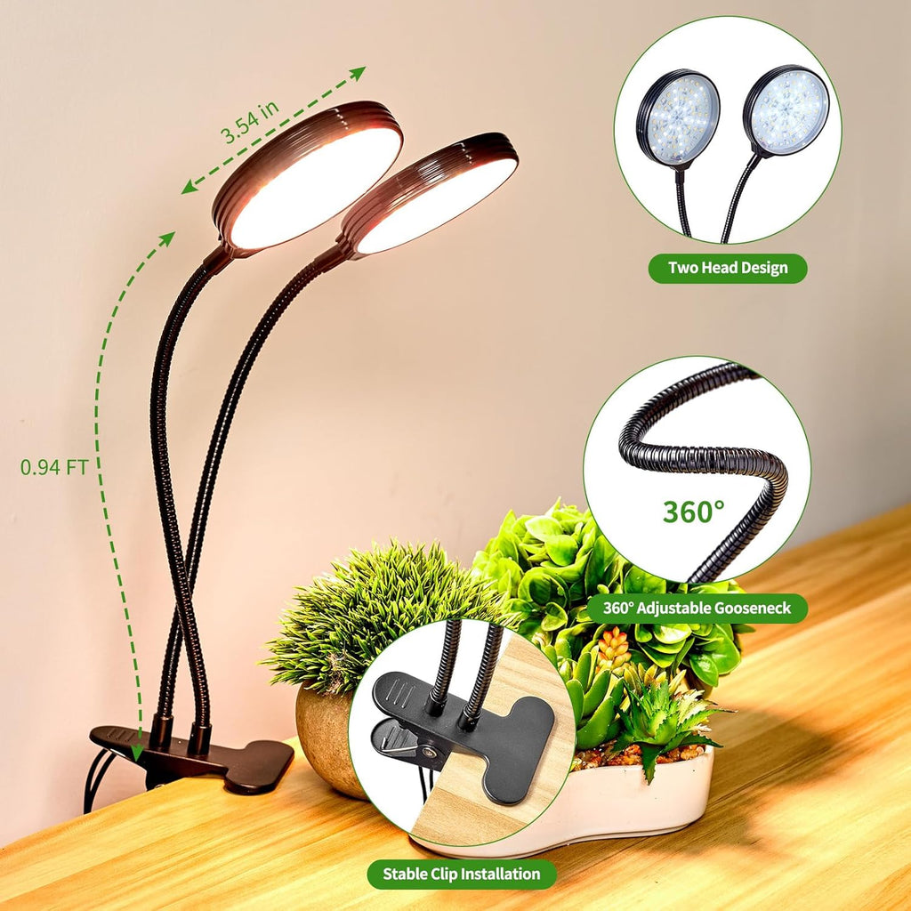 Brightown Full Spectrum 2-Head LED Grow Light with Gooseneck Clip, 3 Colors, Dimmable & Auto On/Off Timer (4/8/12 Hrs) for Indoor Pot Houseplants & Succulent Growing on Desk or House, 2 Pack