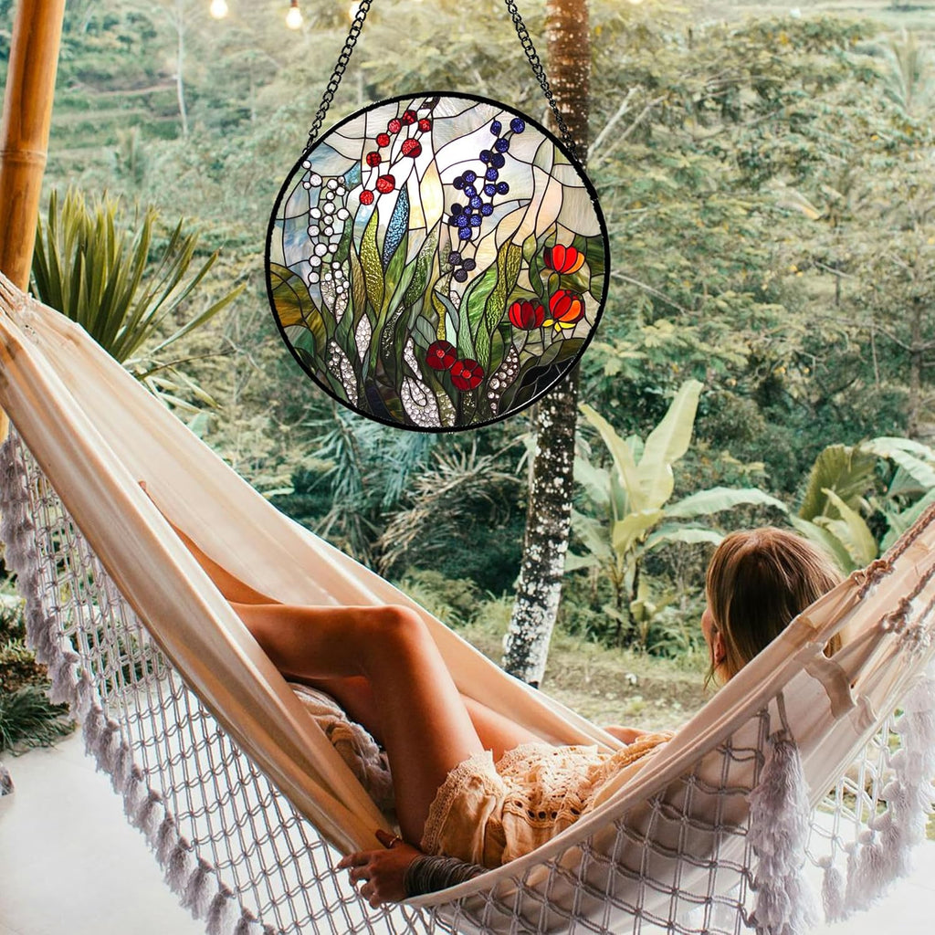 Stained Glass Window Hanging Red Purple Flowers Berry Green Plants 9.8" - Suncatcher Door Garden Sun Catcher Home Decor Birthday Christmas for Mom Men Woman Friend