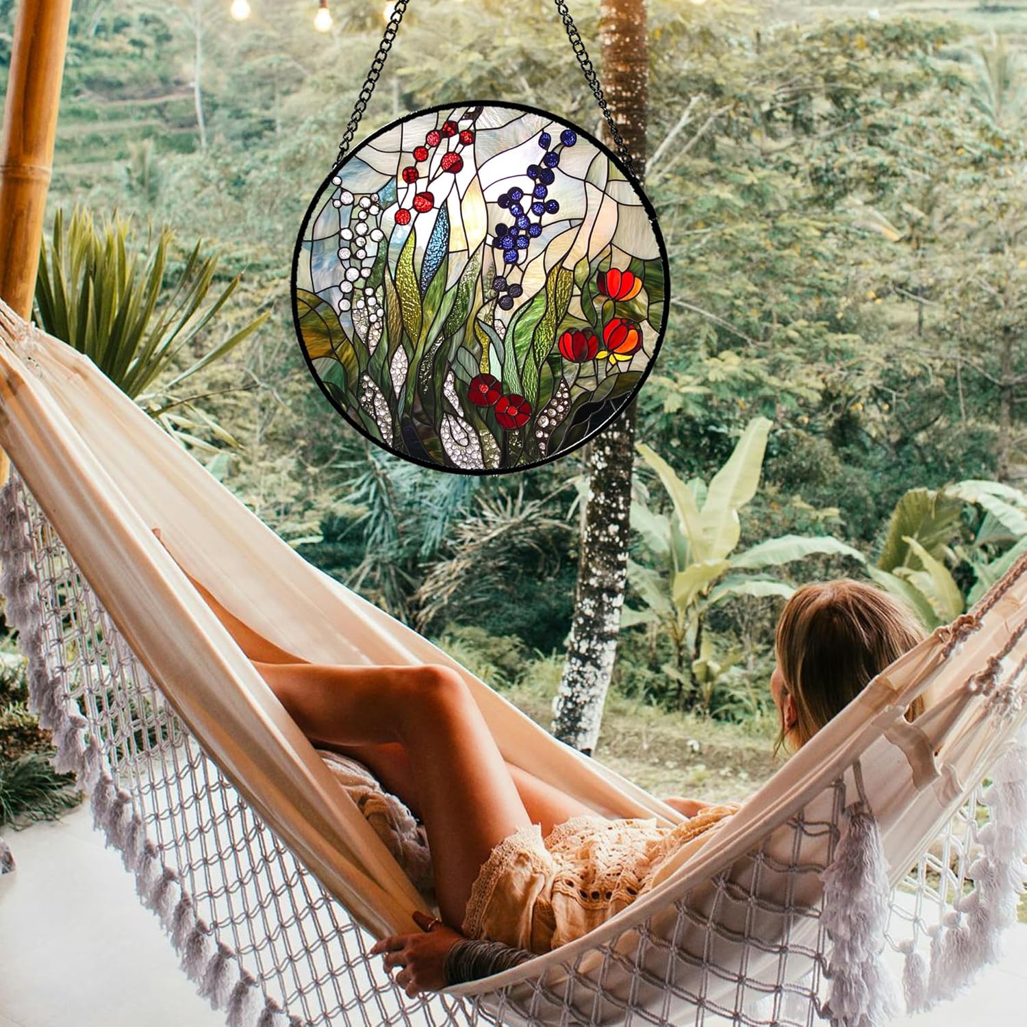 Stained Glass Window Hanging Red Purple Flowers Berry Green Plants Large 15" - Suncatcher Door Garden Sun Catcher Home Decor Birthday Christmas for Mom Men Woman Friend