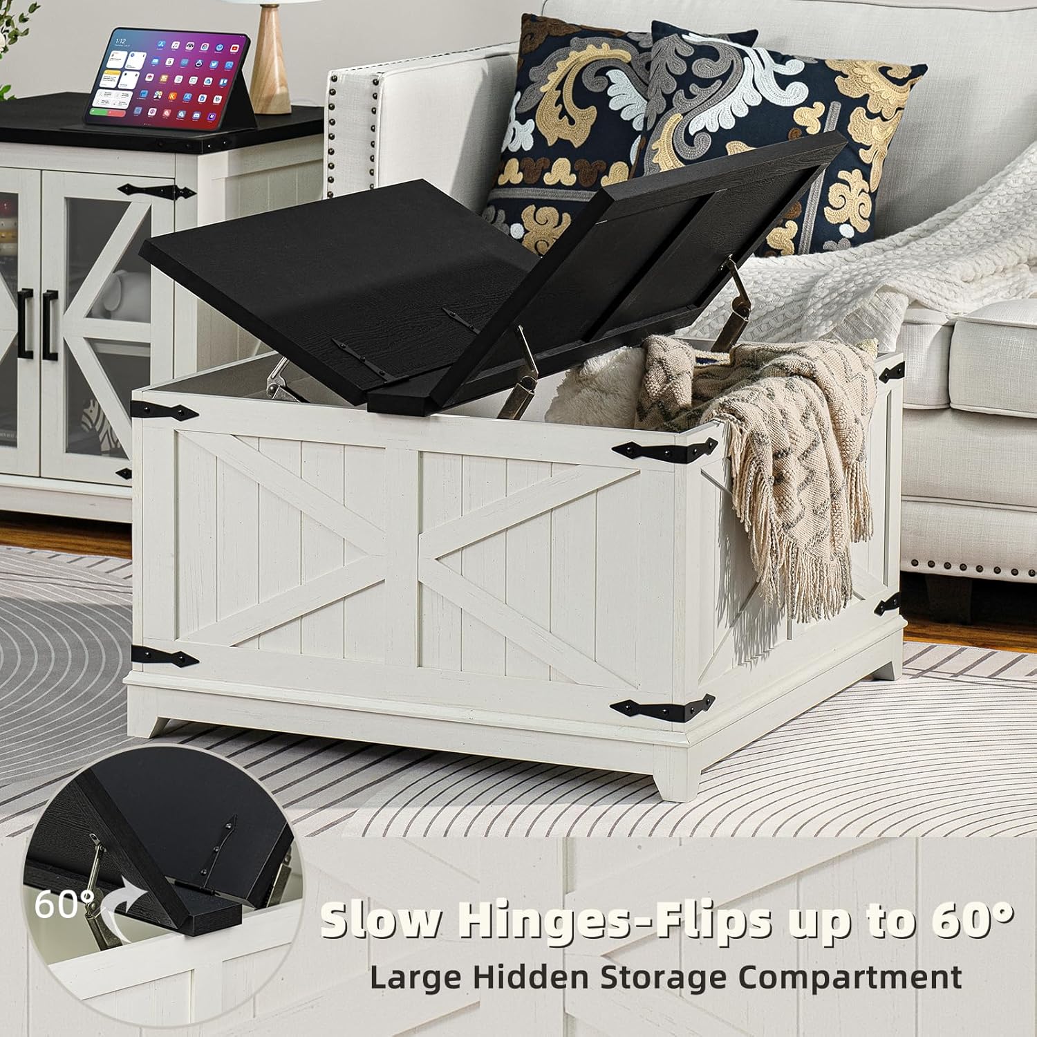 Farmhouse Coffee Table with Hidden Storage Compartment, Antique Black & White Square Large Center Table for Living Room, Wood Rustic Wide Coffee Tables with Hinged Lifting Tabletop for Home