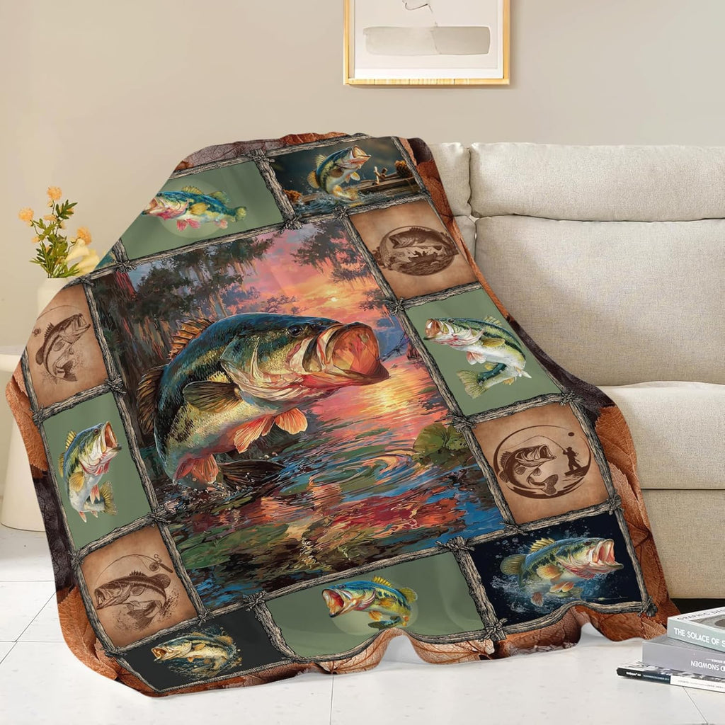 Fish Throw Blanket Fishing Stuff Gifts for Kids Girls Boys Adults Women Men Soft Cozy Warm Plush Fluffy Fuzzy Fleece Blanket Decor 60''X80''