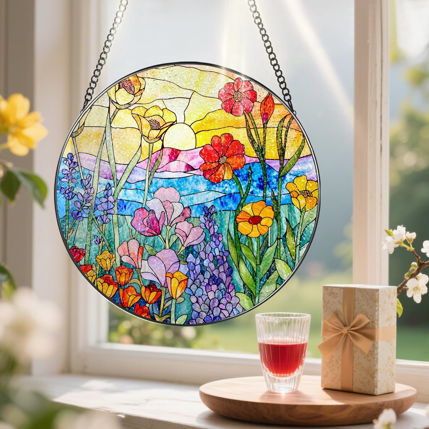 8-Inch Stained Glass Ornament, Stained Glass Window Hanging, Window Hanging Decor, Suncatcher Home Decor, Wildflowers Ornament | Mother's Day, Birthday, Christmas, Housewarming Gifts