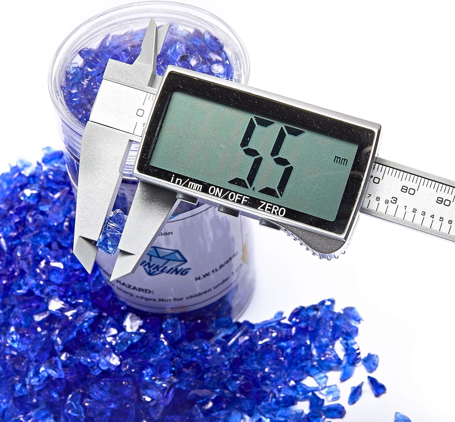 TWINKLING High Luster Fire Glass Gravel Stone Glitter,Broken Glass,Fire Gems Chips,Crushed Glass for Fire Pit Crafts Resin Art Aquarium Garden Decoration,3-6mm,1-Pound Jar (Cobalt Blue)