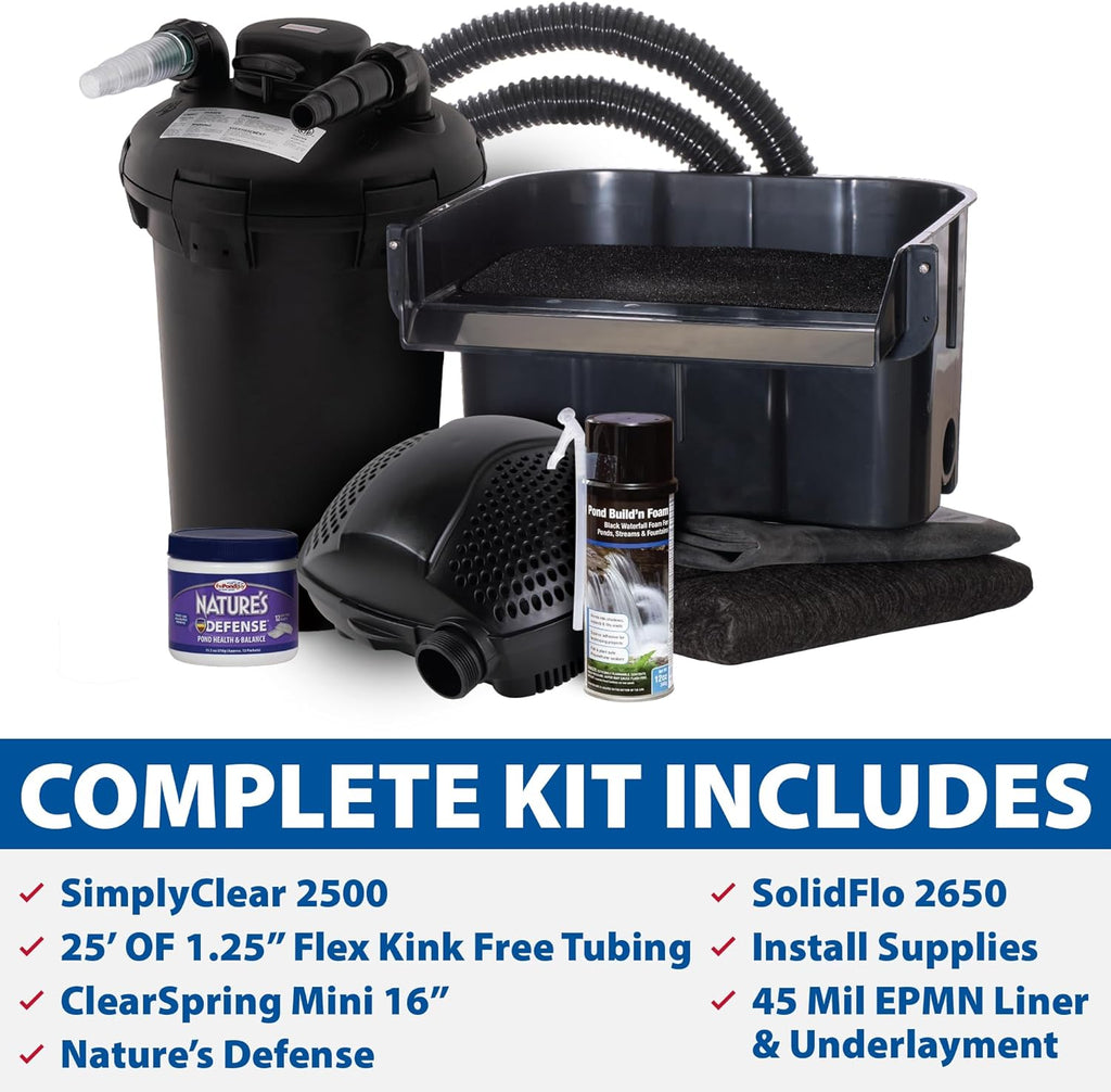 The Pond Guy AllClear Ecosystem Kit – Complete DIY Fishpond with Liner, Pump, UV Filter & Waterfall (1,000-2,000 Gallons) 8' x 11'
