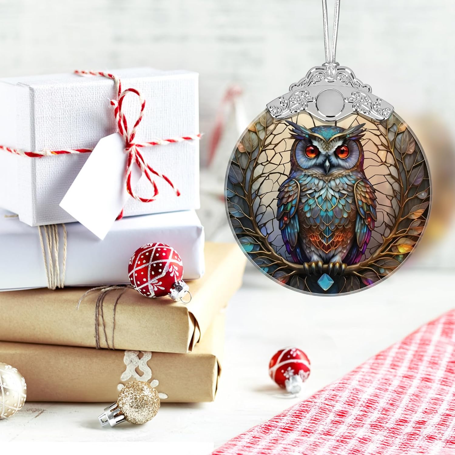 Christmas Ornament, 2025 Ornaments for Christmas Tree, Stained Glass Hanging Ornament, Holiday Ornaments, Unique Gift Idea - Owl