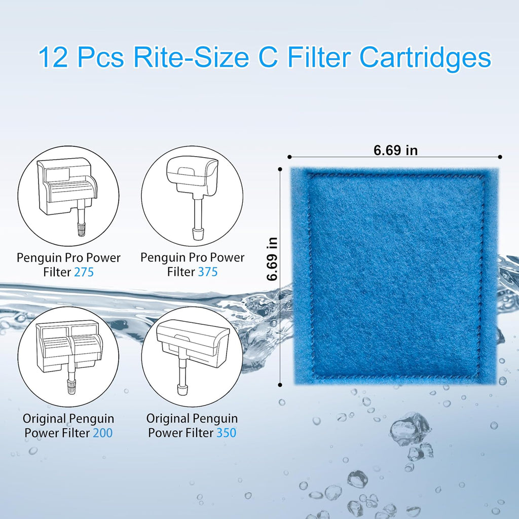 12 Pack Rite-Size C Filter Cartridges, Compatible with MarineLand Penguin PRO Power Filters 275/375, Original Penguin Power Filters 200/350 & AQUA-Tech 20-40/30-60 Fish Tank Filter Replacement