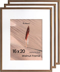 Fun Memories 16x20 Picture Frame, Solid Oak Wood Poster Frames, Modern Photo Frame for Wall 16x20 with 11x14 Mat, High Definition Plexiglass & Wall Hook Included (Walnut,3 Pack)
